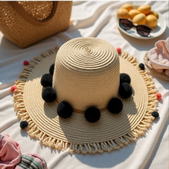 Chic Summer Breeze Pom Pom Straw Hat